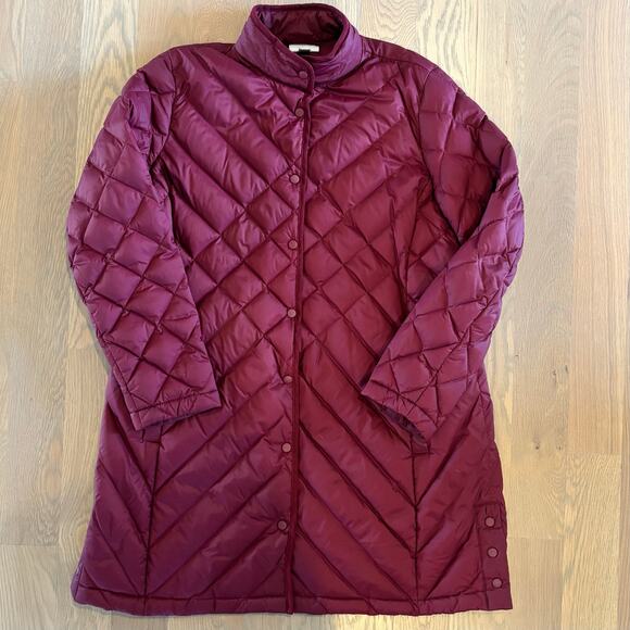 J. Jill Quilted Down Long Line Jacket Side Snap Burgundy Womens Medium Petite - Picture 7 of 7